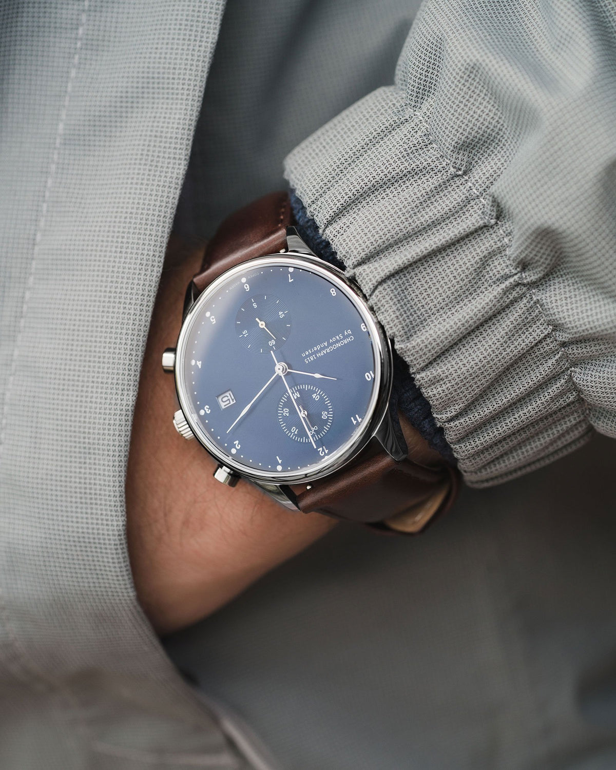 About Vintage - 1815 Chronograph, Steel / Blue Sunray #Strap_Dark Brown