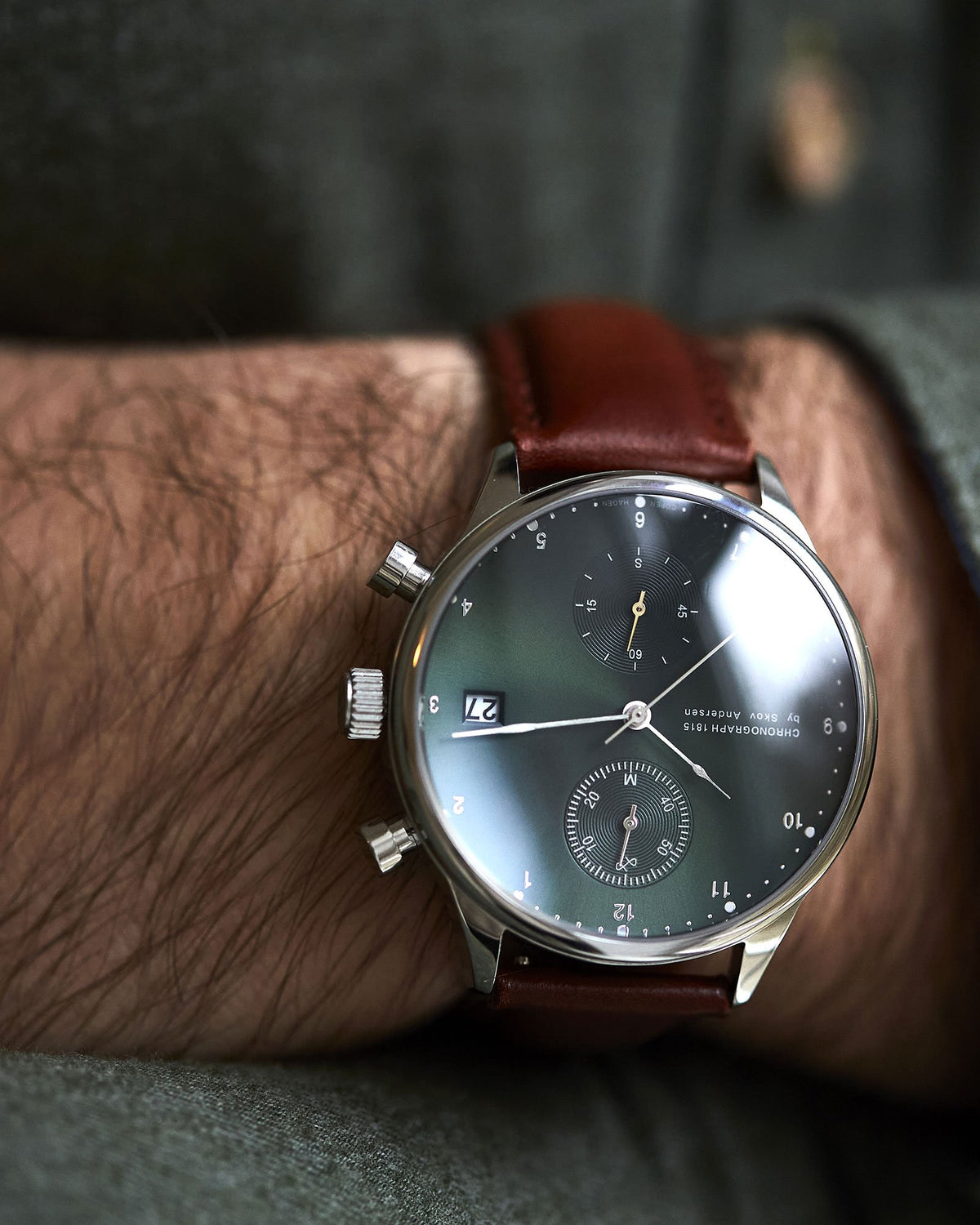 About Vintage - 1815 Chronograph, Steel / Green Sunray #Strap_Brown