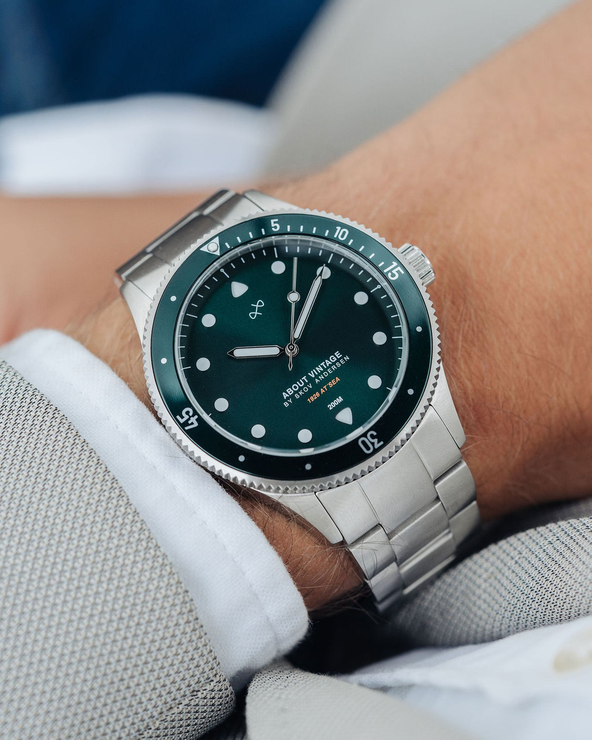 About Vintage - 1926 At'sea, Steel / Green Sunray #Strap_3-Link