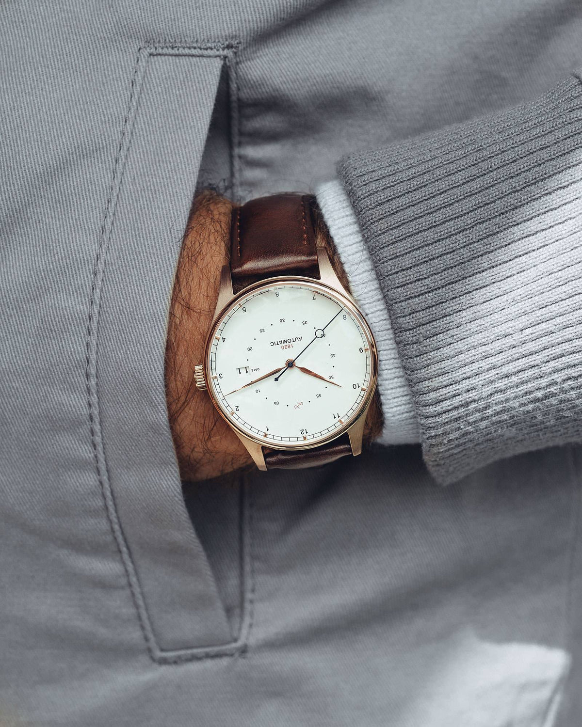 About Vintage - 1820 Automatic, Rose Gold / White #Color_Dark Brown